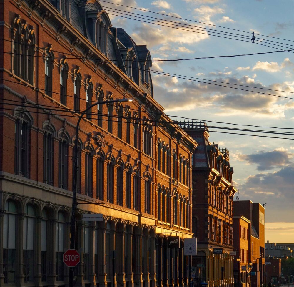 A sunrise along Middle Street in Portland, Maine